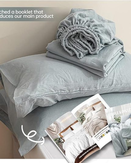 Simple&Opulence 100% Linen Sheet Set Solid Color-4 Pcs Washed French Linen Bed Sheets(1 Flat Sheet,1 Fitted Sheet,2 Pillowcases)-Breathable Bedding Set (Dusty Blue, Queen) - LeafyLoom