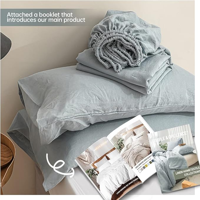 Simple&Opulence 100% Linen Sheet Set Solid Color-4 Pcs Washed French Linen Bed Sheets(1 Flat Sheet,1 Fitted Sheet,2 Pillowcases)-Breathable Bedding Set (Dusty Blue, Queen) - LeafyLoom