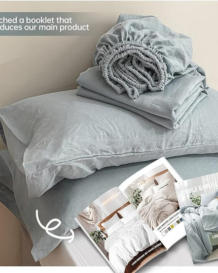 Simple&Opulence 100% Linen Sheet Set Solid Color-4 Pcs Washed French Linen Bed Sheets(1 Flat Sheet,1 Fitted Sheet,2 Pillowcases)-Breathable Bedding Set(California King, Dusty Blue) - LeafyLoom