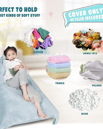 Stuffed Animal Storage Bean Bag Chair Cover, Velvet Grey Plush Toy Storage Stuff and Sit Seat for Kids/Teens/Adults, 52" x 31" Extra Large Triangle Floor Sofa, 200L/52Gal, Cover Only - LeafyLoom