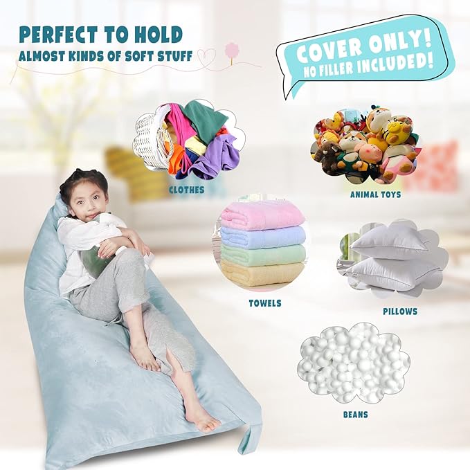 Stuffed Animal Storage Bean Bag Chair Cover, Velvet Grey Plush Toy Storage Stuff and Sit Seat for Kids/Teens/Adults, 52" x 31" Extra Large Triangle Floor Sofa, 200L/52Gal, Cover Only - LeafyLoom