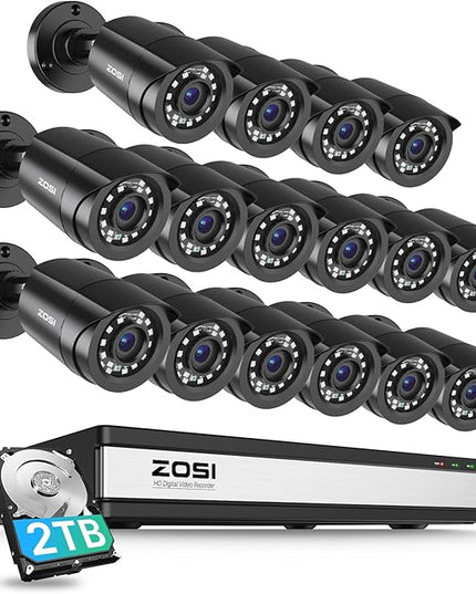ZOSI 3K Lite 16Channel Security Camera System,AI Human/Vehicle Detection,Night Vision,Remote Access,16pcs 1080P Outdoor Surveillance Bullet Cam,H.265+ 1080p 16CH DVR with 2TB HDD for 24/7 Recording ZOSI