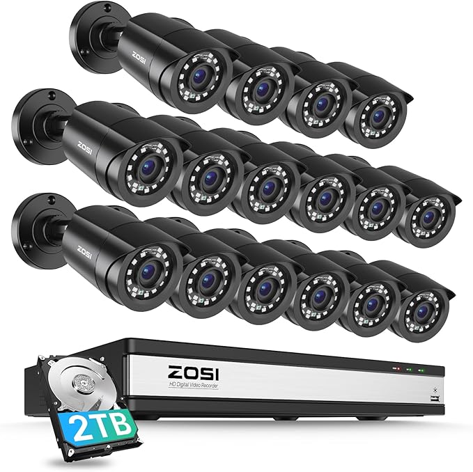 ZOSI 3K Lite 16Channel Security Camera System,AI Human/Vehicle Detection,Night Vision,Remote Access,16pcs 1080P Outdoor Surveillance Bullet Cam,H.265+ 1080p 16CH DVR with 2TB HDD for 24/7 Recording ZOSI