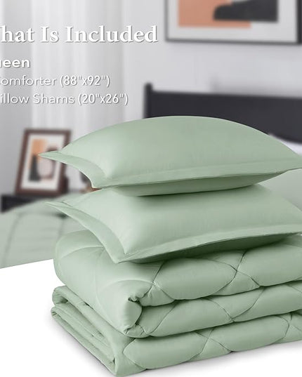 downluxe Queen Comforter Set - Sage Green Comforter Set Queen, 3 Pieces Solid Comforter Set Queen Size for All Seasons, 1 Lightweight Fluffy Comforter (88"x92") and 2 Pillow Shams - LeafyLoom