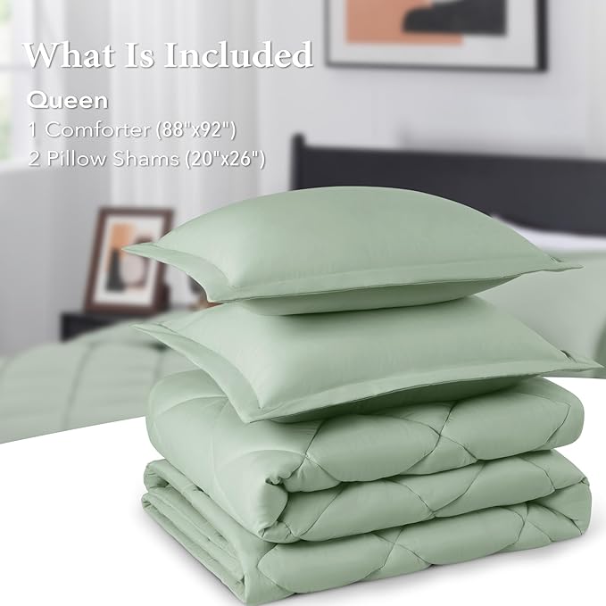 downluxe Queen Comforter Set - Sage Green Comforter Set Queen, 3 Pieces Solid Comforter Set Queen Size for All Seasons, 1 Lightweight Fluffy Comforter (88"x92") and 2 Pillow Shams - LeafyLoom