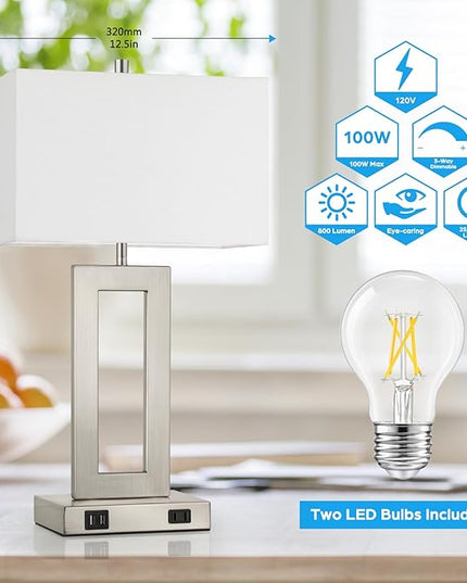 22'' Tall Table Lamps for Bedroom Set of 2, Silver Bedside Touch Control Lamp with 2 USB Ports&AC Outlet, Modern Living Room Table Lamp for Nightstand End Table, 3-Way Dimming with 2 E26 Edison Bulbs - LeafyLoom