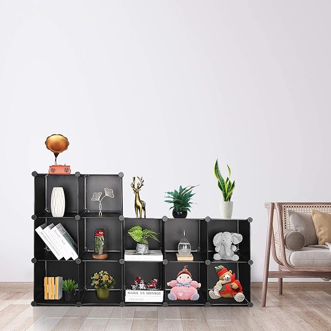 TUMUCUTE Cube Storage Organizer, 12-Cube DIY Plastic Closet Cabinet Modular Bookcase, Storage Shelves for Bedroom Living Room, Office, Black - LeafyLoom