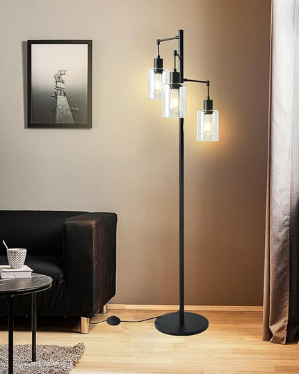 3-Lights Floor Lamp with On/Off Foot Switch, Farmhouse Glass Floor Lamp Tall Pole Lamp for Living Room Bedroom Office，Industrial Black Tree Standing Lamp, LED 3 Bulbs Included - LeafyLoom