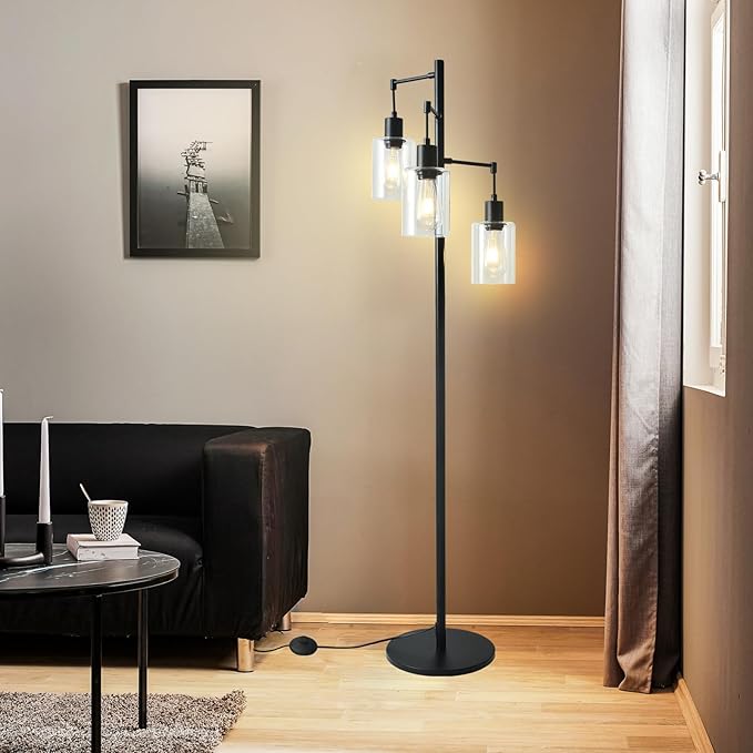 3-Lights Floor Lamp with On/Off Foot Switch, Farmhouse Glass Floor Lamp Tall Pole Lamp for Living Room Bedroom Office，Industrial Black Tree Standing Lamp, LED 3 Bulbs Included - LeafyLoom