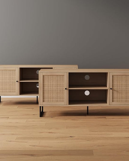 Nathan James Mina Modern Entertainment Cabinet, Console with a Natural Wood Finish and Matte Accents with Rattan Storage Doors for Living Media Room, Oak/Black - Set of 2 - LeafyLoom