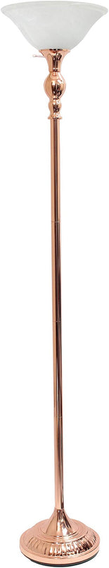 Elegant Designs LF2001-RGD 1 Light Torchiere Marbleized White Glass Shade Floor Lamp, Rose Gold - LeafyLoom