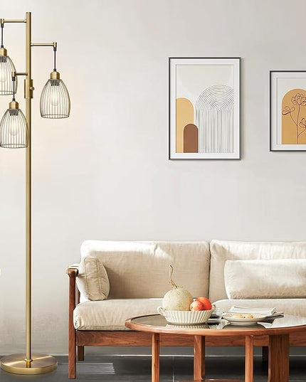 Dimmable Floor Lamp, Industrial Floor Lamps for Living Room, Antique Brass Tree Lamp Standing Lamp Tall Lamps with 3 Elegant Teardrop Cage Head & 800 Lumens LED Bulbs for Living Room Bedroom Office - LeafyLoom
