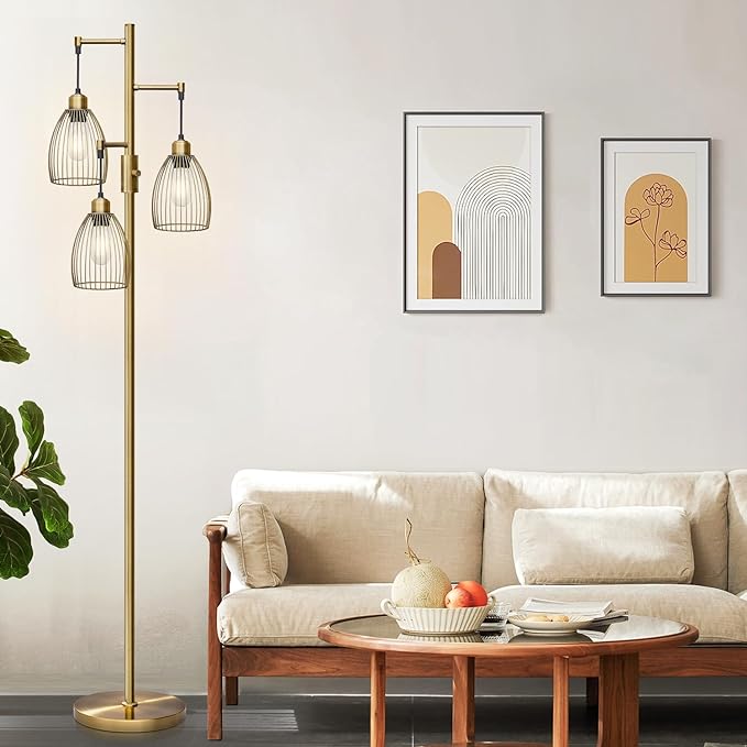 Dimmable Floor Lamp, Industrial Floor Lamps for Living Room, Antique Brass Tree Lamp Standing Lamp Tall Lamps with 3 Elegant Teardrop Cage Head & 800 Lumens LED Bulbs for Living Room Bedroom Office - LeafyLoom