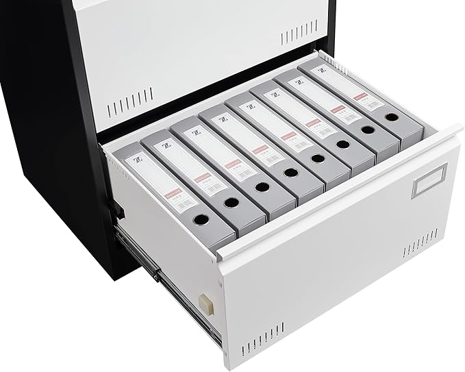 3 Drawer Metal Lateral Lock and Card Holder,Office Vertical Files Storage Cabinets w/Heavy 3 Section Slide Rail & Breathable Holes,for Legal/Letter/A4,Black+White - LeafyLoom