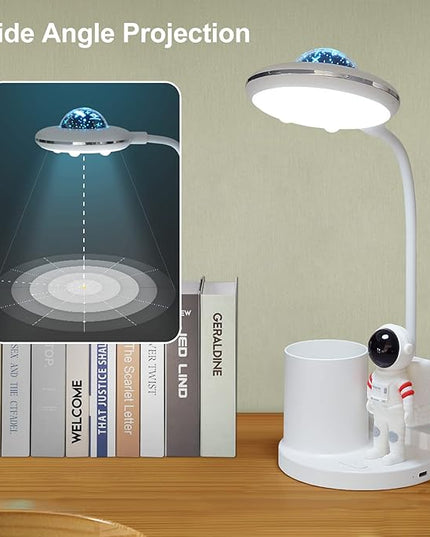 LED Desk Lamp for Kids, Astronaut cute Small Desk Lamp with USB Charging Port, Pen Holder, projection night lights for kids, White desk Lamp, Eye-Caring Study Table Lamp for boys Bedroom - LeafyLoom