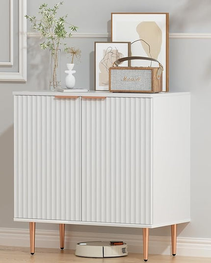 White Fluted Buffet Cabinet,Wood Sideboard Buffet Cabinet with Storage & Rose Gold Colored Metal Legs, Accent Cabinet for Living Room,Dining Room,Kitchen, Assemble Easily - LeafyLoom