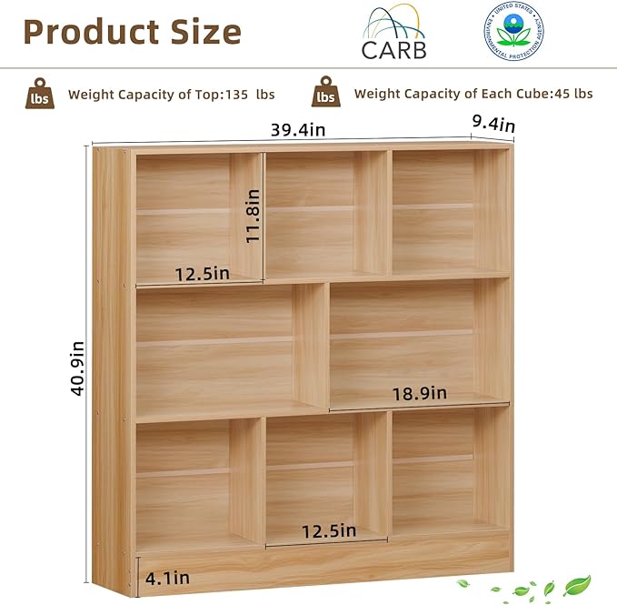 LEYAOYAO 8 Cube Bookshelf with Base,3 Tier Mid-Century Modern Natural Bookcase,Standing Wide Bookshelves Storage Organizer Shelf,Rustic Wood Display Cabinet Book Shelves for Bedroom,Living Room,Office - LeafyLoom
