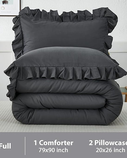 Andency Dark Gray Comforter Set Full, 3 Pieces Full Bed Solid Bedding Comforters & Sets, (1 Ruffle Comforter and 2 Pillowcases) All Season Lightweight Fluffy Soft Microfiber Bedding Set(79x90Inch) - LeafyLoom