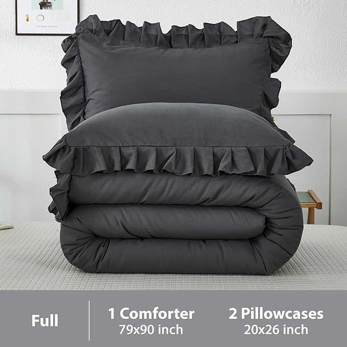 Andency Dark Gray Comforter Set Full, 3 Pieces Full Bed Solid Bedding Comforters & Sets, (1 Ruffle Comforter and 2 Pillowcases) All Season Lightweight Fluffy Soft Microfiber Bedding Set(79x90Inch) - LeafyLoom