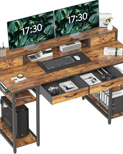Treesland 55 Inch Computer Desk with Monitor Shelf, 24" Deep, Home Office Desks with Storage, Office Desk with 4 Drawers, Work Desk, Study Writing Desk, Desk with Drawers, Brown - LeafyLoom