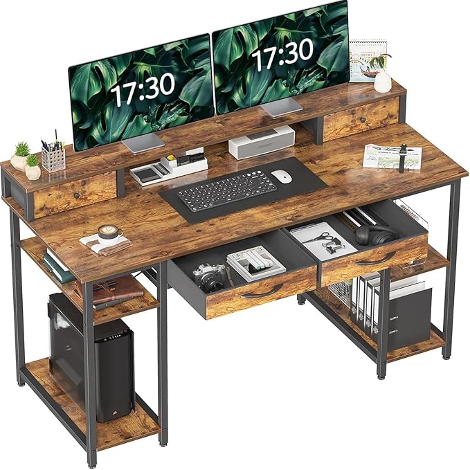 Treesland 55 Inch Computer Desk with Monitor Shelf, 24" Deep, Home Office Desks with Storage, Office Desk with 4 Drawers, Work Desk, Study Writing Desk, Desk with Drawers, Brown - LeafyLoom