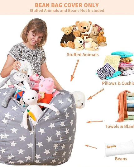 Aubliss Stuffed Animal Bean Bag Storage Chair, Beanbag Covers Only for Organizing Plush Toys, Turns into Bean Bag Seat for Kids When Filled, Large 38"-Canvas Stars Grey - LeafyLoom