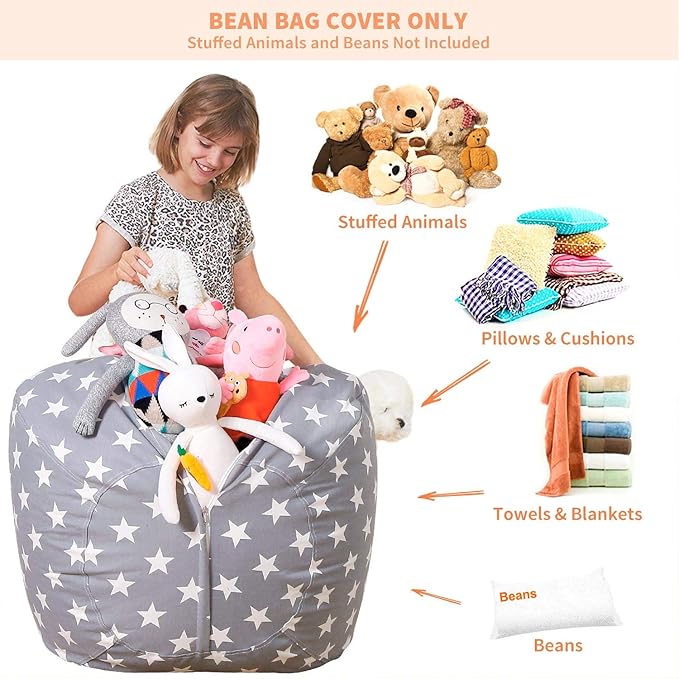 Aubliss Stuffed Animal Bean Bag Storage Chair, Beanbag Covers Only for Organizing Plush Toys, Turns into Bean Bag Seat for Kids When Filled, Large 38"-Canvas Stars Grey - LeafyLoom