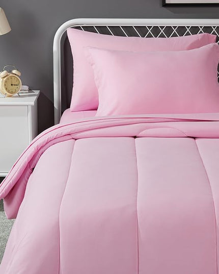 Amazon Basics 5 Piece Microfiber Kid's Bed-in-a-Bag Bedding Set, Twin, Pink, Solid - LeafyLoom