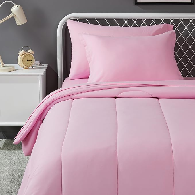 Amazon Basics 5 Piece Microfiber Kid's Bed-in-a-Bag Bedding Set, Twin, Pink, Solid - LeafyLoom