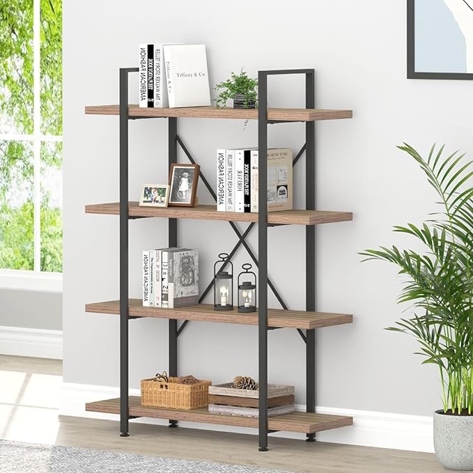 HSH Industrial 4 Tier BookShelf, Modern Metal and Wood 4 Shelf Bookcase Etagere, Farmhouse Open Wide Display Storage Bookshelves and Bookcases Heavy Duty for Bedroom Living Room Office, Rustic Oak - LeafyLoom