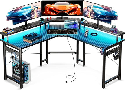 ODK L Shaped Gaming Desk with LED Lights & Power Outlets, 51" Computer Desk with Full Monitor Stand, Corner Desk with Cup Holder, Gaming Table with Hooks, Black Carbon Fiber - LeafyLoom