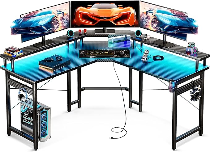 ODK L Shaped Gaming Desk with LED Lights & Power Outlets, 51" Computer Desk with Full Monitor Stand, Corner Desk with Cup Holder, Gaming Table with Hooks, Black Carbon Fiber - LeafyLoom