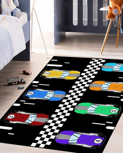 Race Car Rug Kids Play Area Rugs Race Car Track Rug Kids Rug with Roads and Tracks Car Track Carpet Car Rug for Boys Room Race Car Room Decor for Boys,Black 4'5''×6' - LeafyLoom