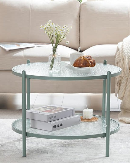 VINGLI 25.6" Small Light Bright Green Round Coffee Table Water-Wave Glass Circle Clear Center Coffee Table with 2-Tier Modern Storage Design for Living Room, Bedroom, Meeting Room, Balcony, Patio - LeafyLoom
