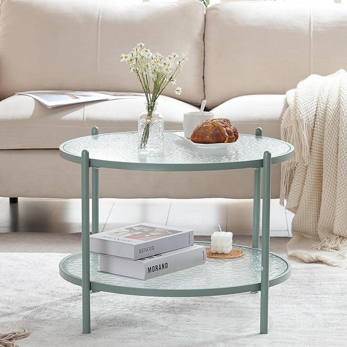 VINGLI 25.6" Small Light Bright Green Round Coffee Table Water-Wave Glass Circle Clear Center Coffee Table with 2-Tier Modern Storage Design for Living Room, Bedroom, Meeting Room, Balcony, Patio - LeafyLoom