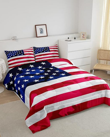American Flag Bedding Set Camouflage USA Flag Comforter Set Army Camo Flag Comforter Blue Red and White Stars Down Alternative Comforter for All Season Room Decor Full Size - LeafyLoom