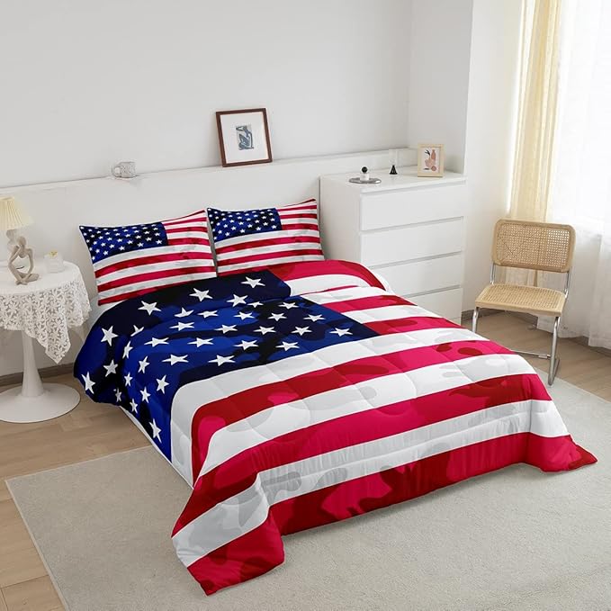 American Flag Bedding Set Camouflage USA Flag Comforter Set Army Camo Flag Comforter Blue Red and White Stars Down Alternative Comforter for All Season Room Decor Full Size - LeafyLoom