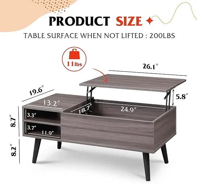 WLIVE Lift Top Coffee Table with Storage for Living Room,Small Hidden Compartment and Adjustable Shelf,Mid Century, Modern ,Wood,Grey - LeafyLoom