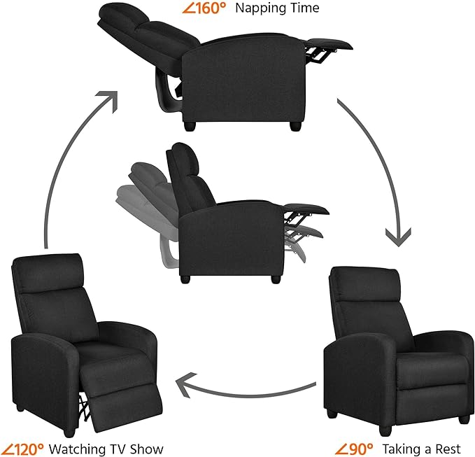 Yaheetech Fabric Recliner Chair Sofa Ergonomic Adjustable Single Sofa with Thicker Seat Cushion Modern Home Theater Seating for Living Room Matte Black - LeafyLoom