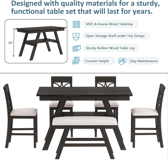 6-Piece Dining Room Table Set, Wood Counter Height Dining Table Set with Storage Shelf, 4 Upholstered Chairs and Bench, Kitchen Table and Chair Set for Dining Room, Espresso+Beige - LeafyLoom