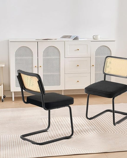 VEVOR Rattan Dining Chairs Set of 2, Mid Century Modern Dining Chair, Upholstered Velvet Accent Chair with Rattan Back, Retro Dining Room Kitchen Chair for Living Room, Bedroom, Office (18.1 Inch) - LeafyLoom