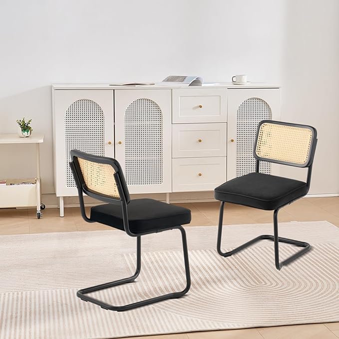 VEVOR Rattan Dining Chairs Set of 2, Mid Century Modern Dining Chair, Upholstered Velvet Accent Chair with Rattan Back, Retro Dining Room Kitchen Chair for Living Room, Bedroom, Office (18.1 Inch) - LeafyLoom