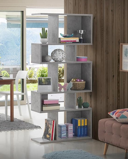 Giantex 5-Tier Geometric Bookshelf Set of 2, 70'' Tall Wood Freestanding Decorative Display Open Shelves with Anti-Tipping Device, Each Shelf Holds up to 44 lbs, Wooden S Shaped Bookcase, Gray - LeafyLoom
