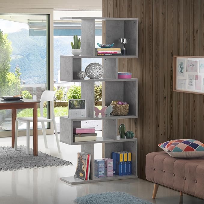 Giantex 5-Tier Geometric Bookshelf Set of 2, 70'' Tall Wood Freestanding Decorative Display Open Shelves with Anti-Tipping Device, Each Shelf Holds up to 44 lbs, Wooden S Shaped Bookcase, Gray - LeafyLoom