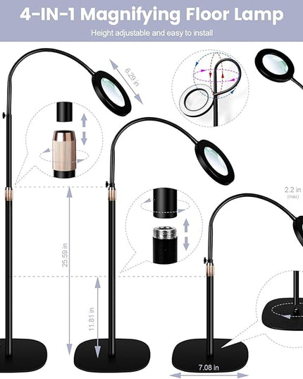 10X Magnifying Glass with Light and Stand,NUEYiO 3-Color Stepless Dimmable LED Magnifying Floor Lamp, 24" Gooseneck Adjustable Swing Arm Lighted Magnifier Lamp with Clamp for Reading Craft Esthetican - LeafyLoom