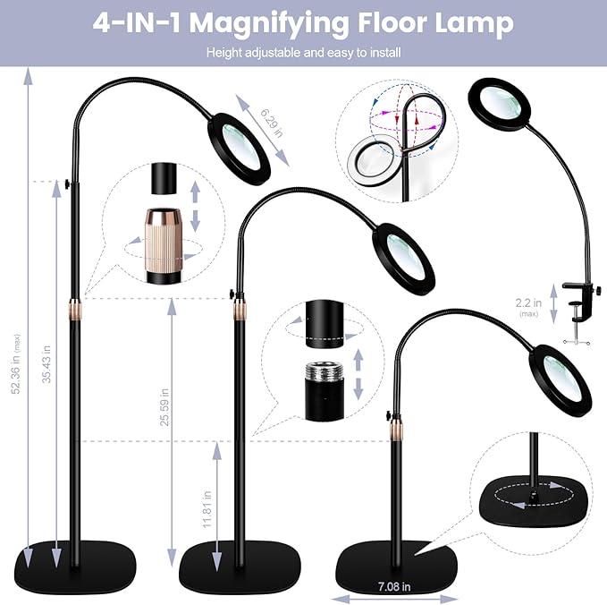10X Magnifying Glass with Light and Stand,NUEYiO 3-Color Stepless Dimmable LED Magnifying Floor Lamp, 24" Gooseneck Adjustable Swing Arm Lighted Magnifier Lamp with Clamp for Reading Craft Esthetican - LeafyLoom