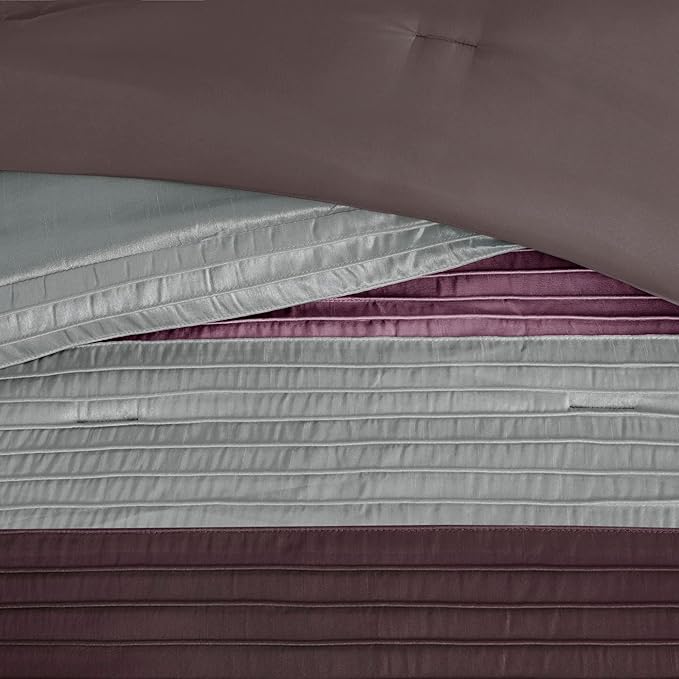 Madison Park Amherst Faux Silk Comforter Set-Casual Contemporary Design All Season Down Alternative Bedding, Matching Shams, Bedskirt, Decorative Pillows, King(104"x92"), Purple, 7 Piece (MP10-127) - LeafyLoom