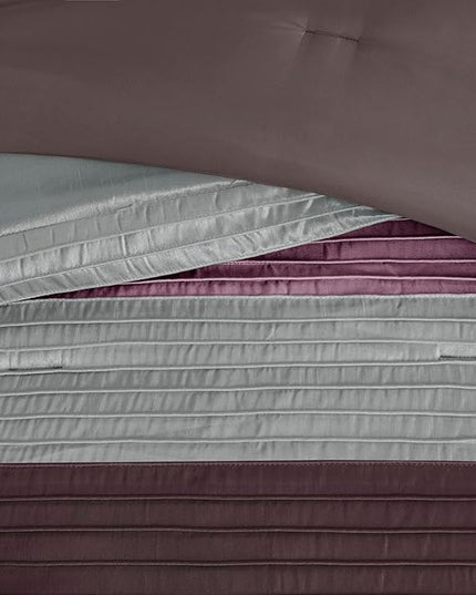Madison Park Amherst Faux Silk Comforter Set-Casual Contemporary Design All Season Down Alternative Bedding, Matching Shams, Bedskirt, Decorative Pillows, Queen (90 in x 90 in), Purple, 7 Piece - LeafyLoom