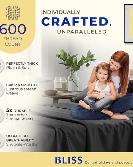 THREAD SPREAD 100% Egyptian Cotton Split King Sheets Sets for Adjustable Bed - 600 Thread Count 5 PC Top Split King Sheets, 16" Deep Pocket Soft Cooling Sheets for Split King Adjustable Bed - Black - LeafyLoom