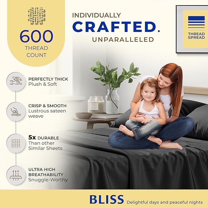 THREAD SPREAD 100% Egyptian Cotton Split King Sheets Sets for Adjustable Bed - 600 Thread Count 5 PC Top Split King Sheets, 16" Deep Pocket Soft Cooling Sheets for Split King Adjustable Bed - Black - LeafyLoom